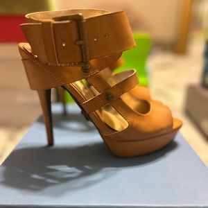 Tan oversized buckle ankle wrap stiletto heel sandals